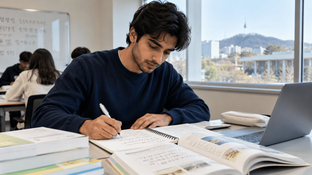 A student seated at a desk studying with books and a laptop, jotting down notes in a notebook. The background shows a mountain view and other students at their desks.