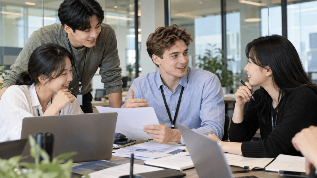 A diverse group of four young professionals engaged in a collaborative discussion around a table filled with laptops and documents in a modern office setting.