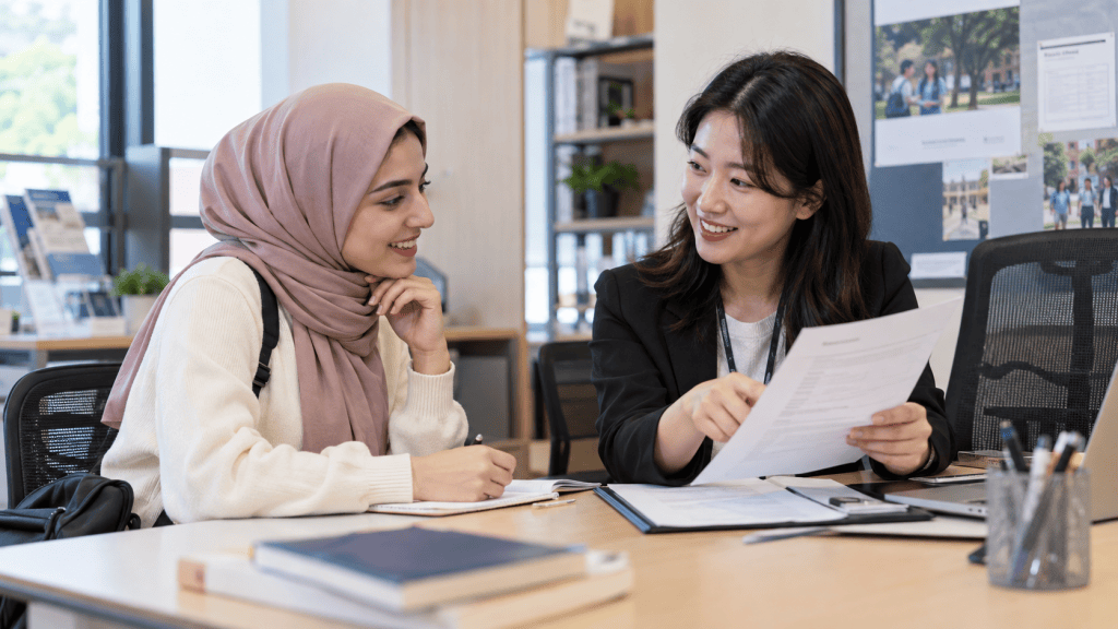 Two women engaged in a discussion at a desk, with one showing documents to the other. The woman on the left is wearing a light sweater and a pink hijab, while the woman on the right is in a black blazer and smiling.