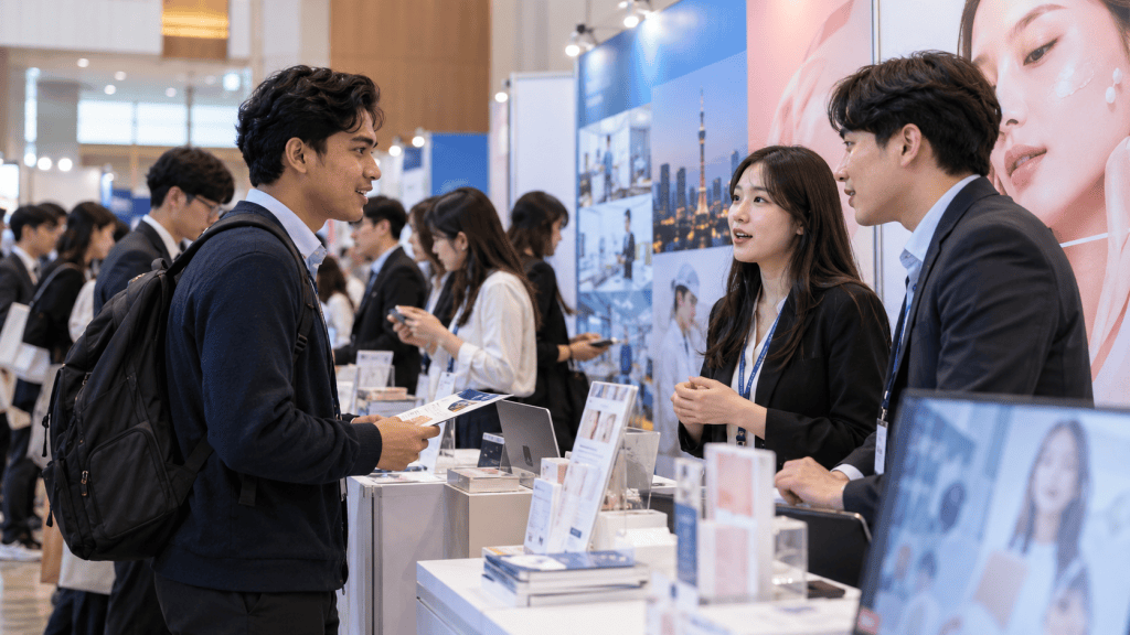 A young man in a sweater and backpack interacts with two professionals at an exhibition booth, while other attendees browse in the background.