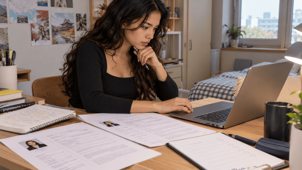 A woman sitting at a desk, focused on her laptop, with documents and a notebook spread out in front of her, in a cozy room with a bed and plants in the background.