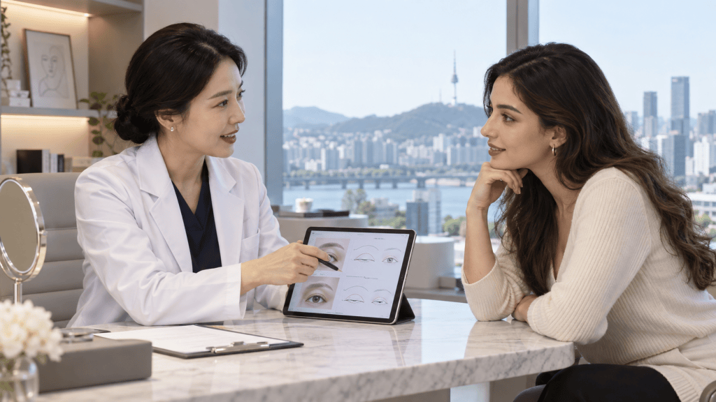 A healthcare professional in a white lab coat discusses cosmetic options with a patient sitting at a table, using a tablet to show designs, with a city skyline visible in the background.