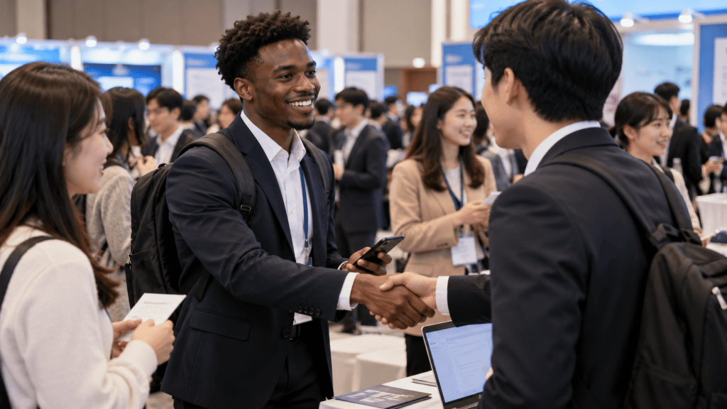 A diverse group of professionals attending a business networking event, with two men shaking hands in the foreground and a woman smiling in the background.