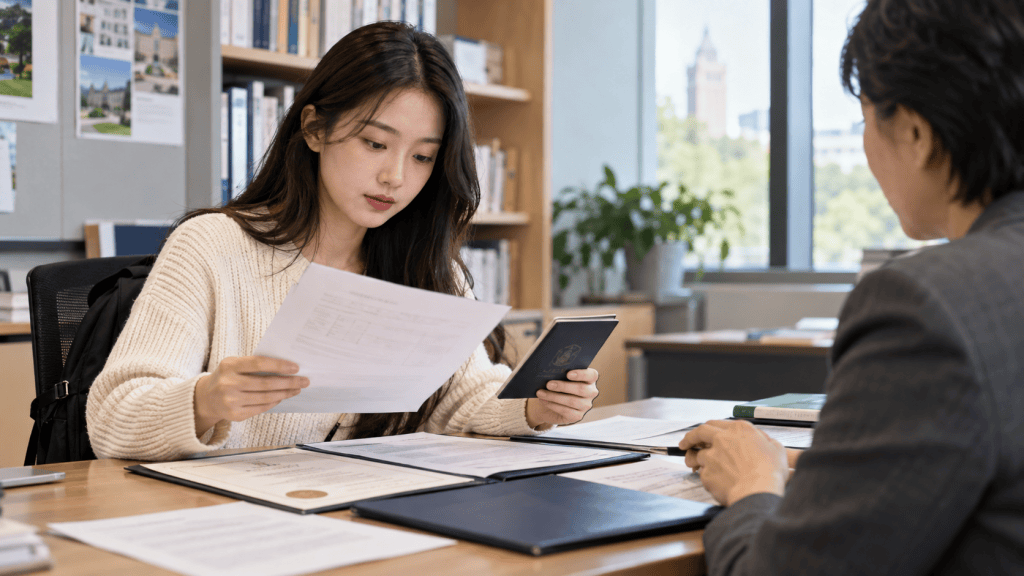 A woman sitting at a desk reviewing documents while holding a passport, with another person across from her. The setting is a modern office with bookshelves and large windows.