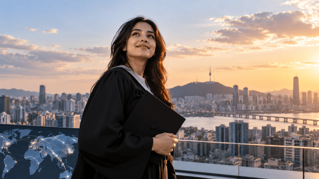 A graduate in a black cap and gown holding a diploma, looking thoughtfully at the sunset over a city skyline.
