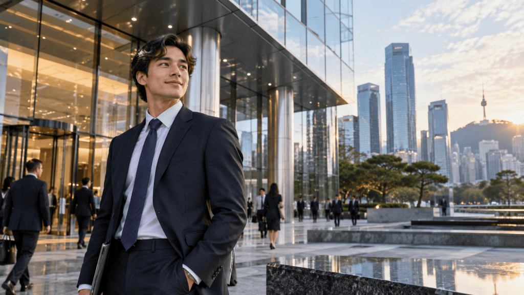 A business professional in a suit stands confidently outside a modern skyscraper, with a cityscape in the background during sunset.