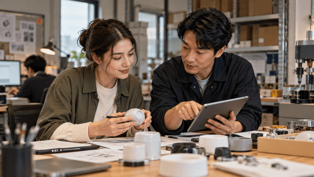 A woman and a man collaborate at a table filled with design prototypes and tools, discussing project ideas while reviewing information on a tablet.