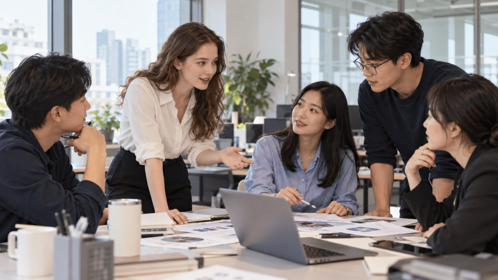 A group of young professionals engaged in a discussion around a conference table, reviewing documents and collaborating in a modern office setting.