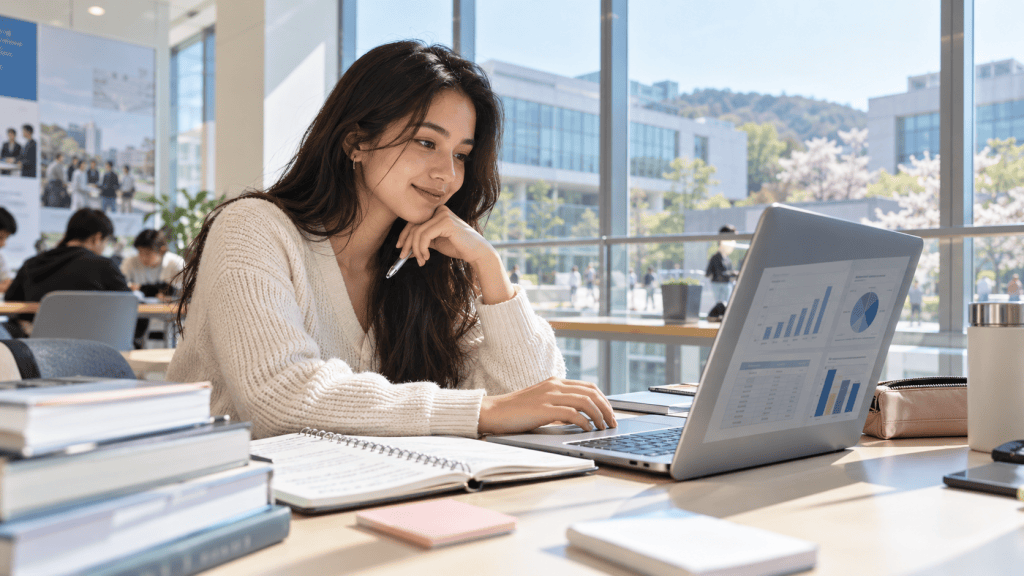 A young woman sitting at a table, working on a laptop in a modern study space filled with students. She is smiling and analyzing graphs on the screen, with books and notebooks arranged beside her.