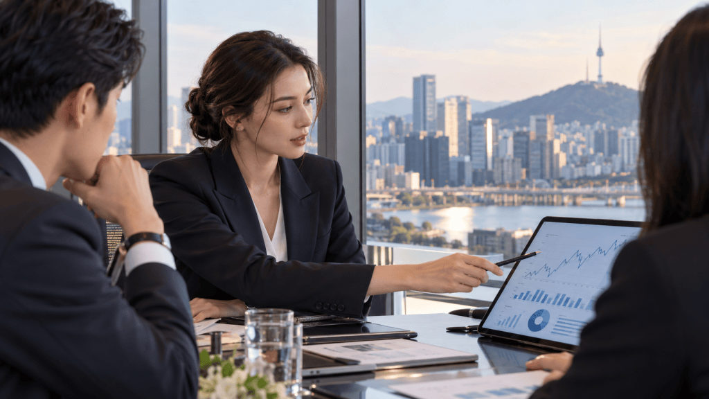 A professional woman presenting data on a tablet during a business meeting, with a city skyline visible through the window behind her.