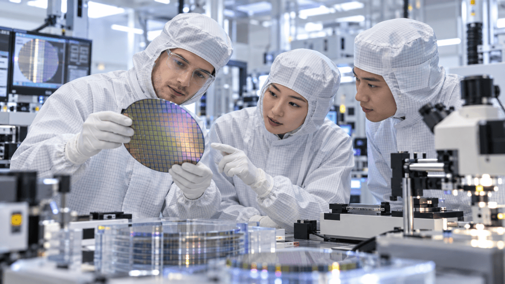 Three engineers in cleanroom suits examining a silicon wafer in a semiconductor manufacturing facility.