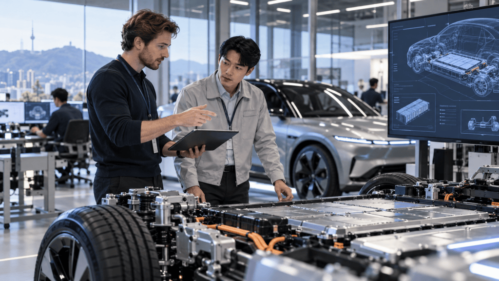 Two engineers discussing electric vehicle technology in a modern workspace, with a focus on a vehicle chassis and a digital screen displaying design schematics.
