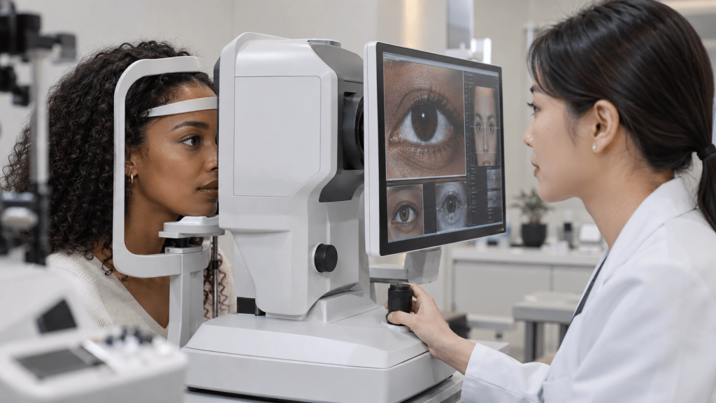 A woman undergoing an eye examination, looking into a diagnostic machine, while an eye care professional observes her and analyzes images on a monitor.