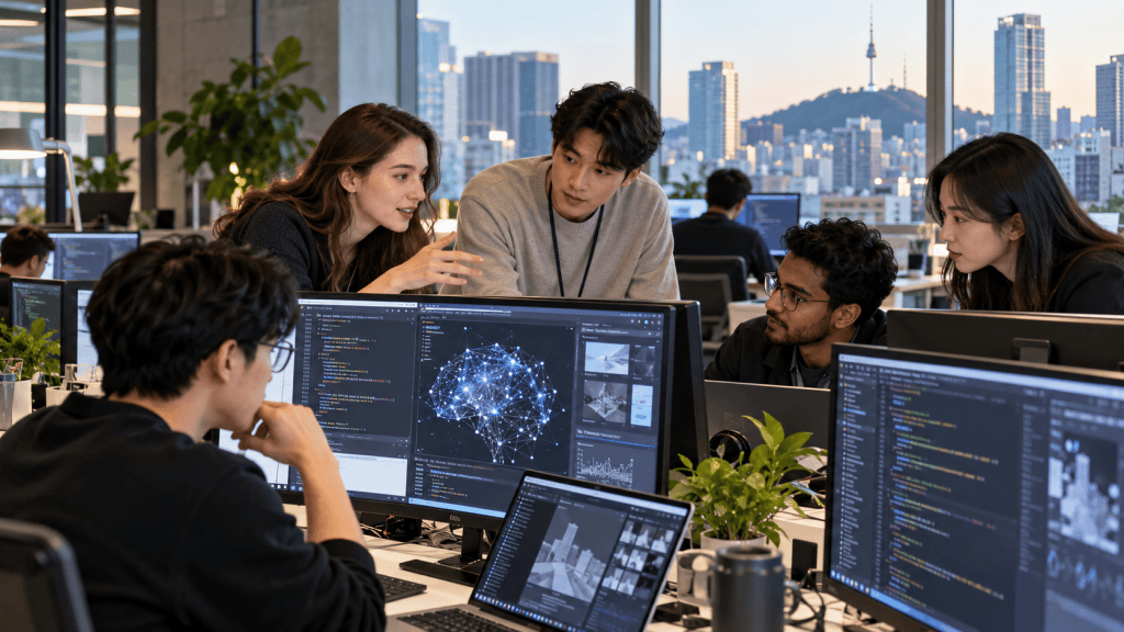 A diverse group of five individuals collaborating in a modern office setting, engaging in a discussion about programming and data analysis, with multiple computer screens displaying coding and graphical data in the background.