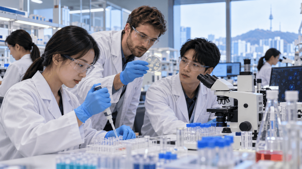 A group of scientists in lab coats working collaboratively in a modern laboratory, examining samples under a microscope and using a micropipette.