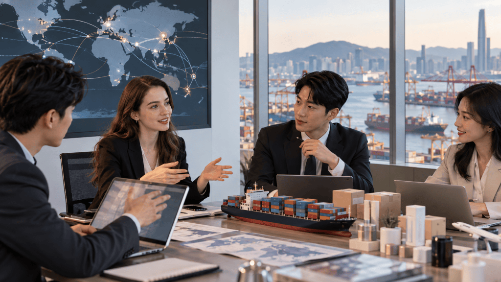 A business meeting with four professionals in suits discussing logistics, with a large world map on the wall and a model cargo ship on the table, overlooking a cityscape with harbor activity.