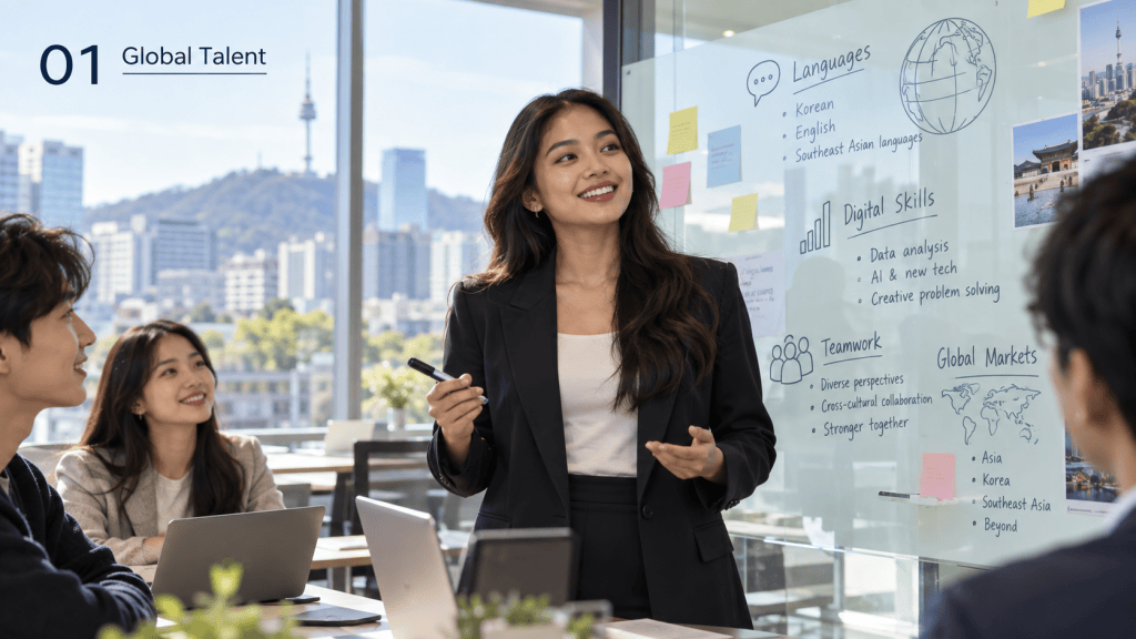 A businesswoman presents in a modern office with a cityscape view, discussing global talent. She stands in front of a glass wall covered with notes on languages, digital skills, teamwork, and global markets, while colleagues listen attentively.