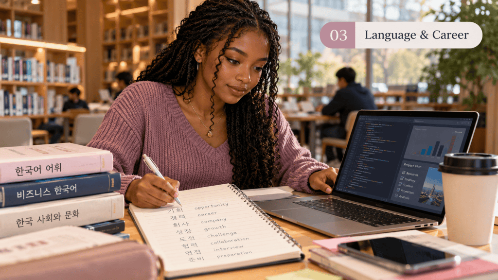 A young woman with long braided hair, wearing a purple sweater, writes in a notebook while studying at a table in a library. A laptop displaying coding and a cup of coffee are next to her. Books in Korean are stacked nearby, and people can be seen studying in the background.