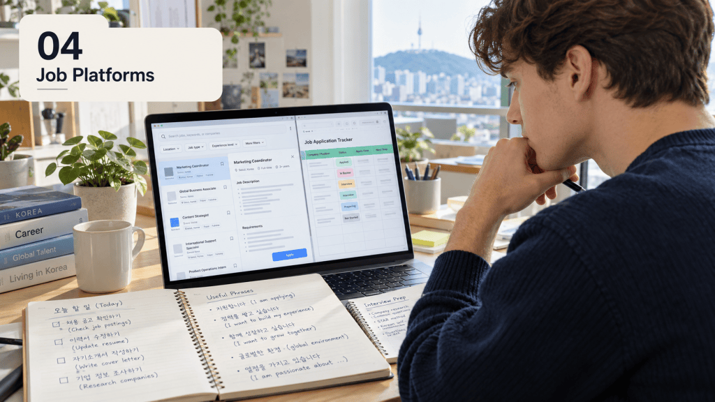 Person reviewing job platforms on a laptop, with a notebook and coffee cup on the desk.