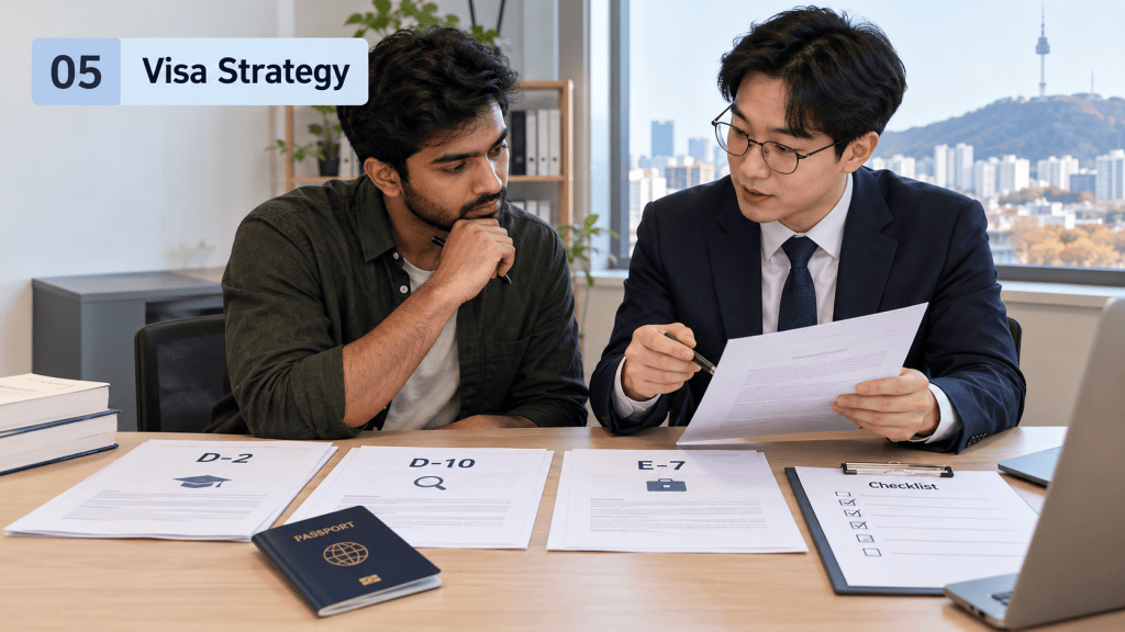 Two individuals discussing visa strategies at a desk, with documents labeled D-2, D-10, E-7, and a checklist, alongside a passport.