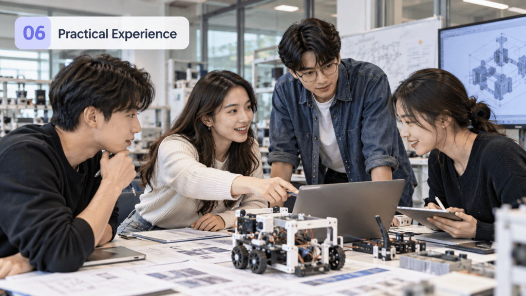 Group of four students collaborating on a project at a table filled with engineering materials and a laptop, focusing on practical experience in a classroom setting.
