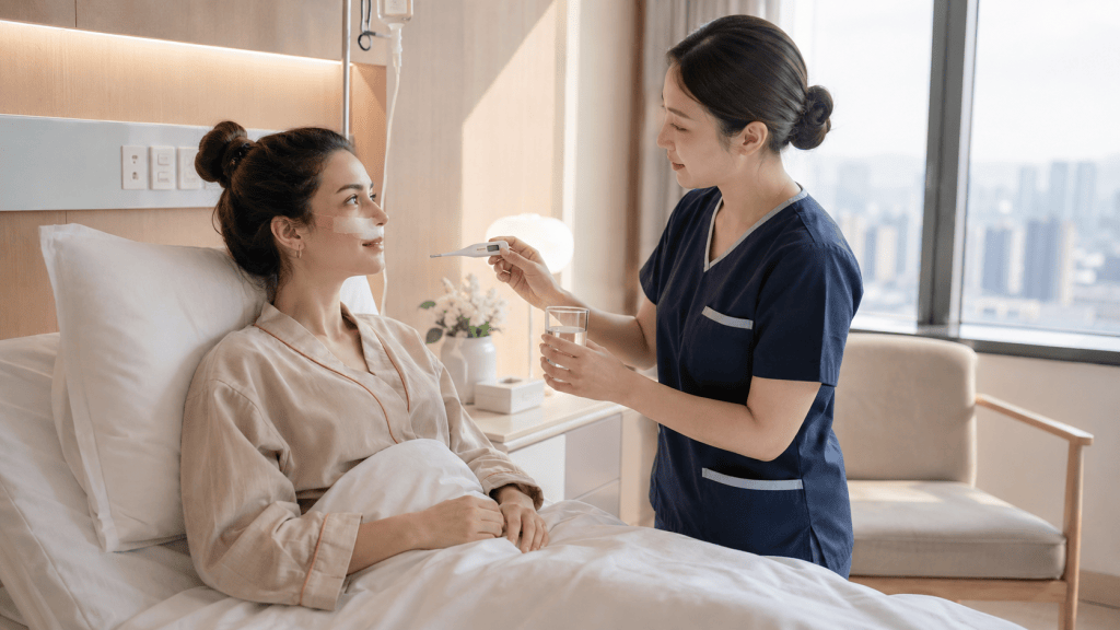 A nurse assists a patient in a hospital room, checking her temperature while the patient, who is resting in bed, appears relaxed and comfortable.