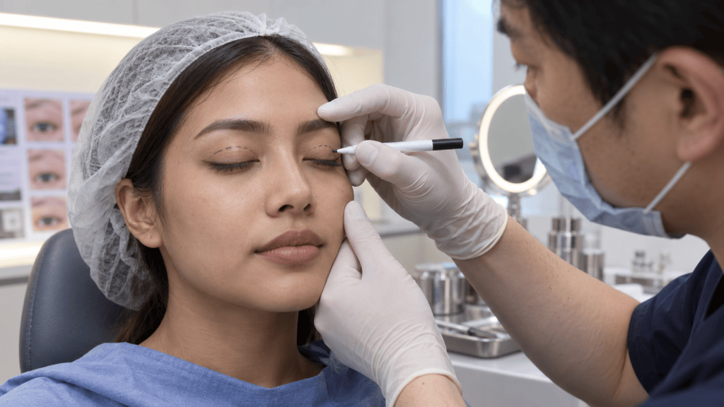 A professional applying markings for a cosmetic procedure on a woman's eyelid in a clinical setting.
