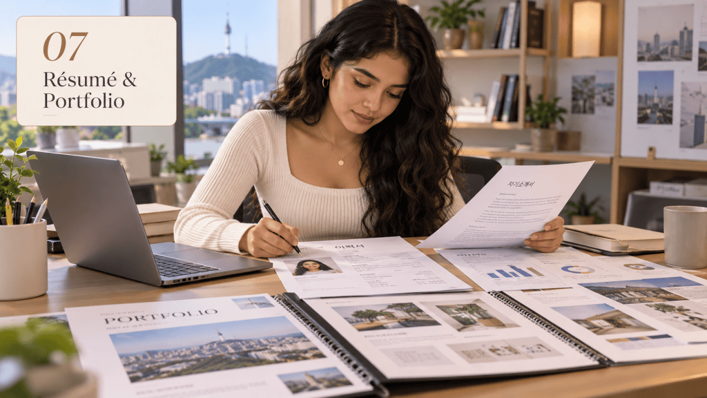 A woman reviewing her résumé and portfolio documents at a desk with a laptop, showcasing a professional workspace with city views.
