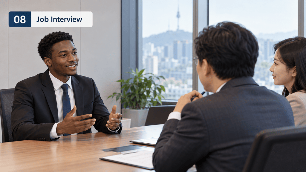 A young man in a suit engaging in conversation during a job interview at a modern office, with two interviewers seated across from him.
