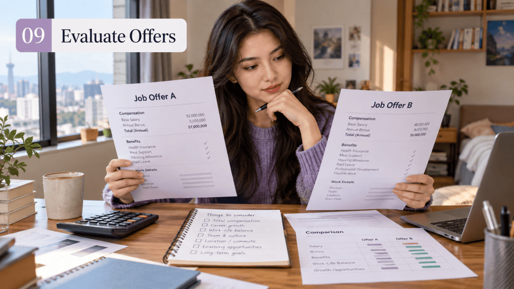 A woman evaluating two job offers, holding documents labeled 'Job Offer A' and 'Job Offer B'. She is seated at a desk with a calculator and comparison charts, looking thoughtful in a well-lit room with large windows.