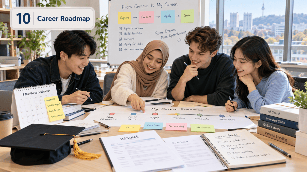 A diverse group of four young adults collaborating on a career roadmap at a table, featuring sticky notes and documents related to career planning and goals, with a whiteboard displaying strategies for resume updates and interview skills in a bright, modern workspace.