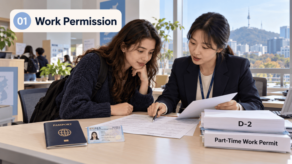 A young woman discussing work permit documents with an advisor at an office, with a passport and alien registration card on the table.