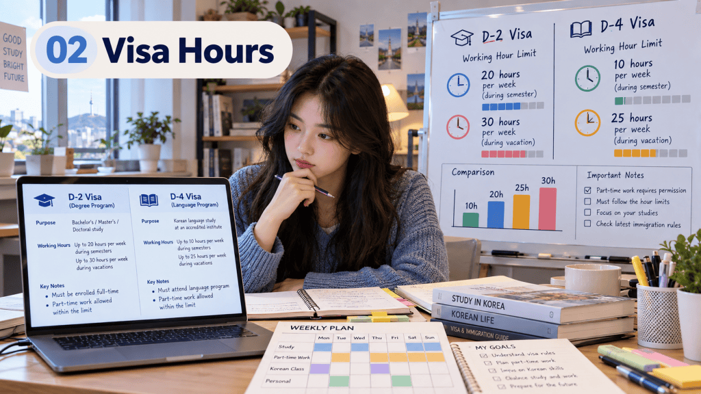 An individual analyzing study visa hours for D-2 and D-4 visas, featuring a laptop displaying detailed information on working hour limits and key notes. A whiteboard with comparison data, important notes, and a weekly planner filled with notes can be seen in the background.