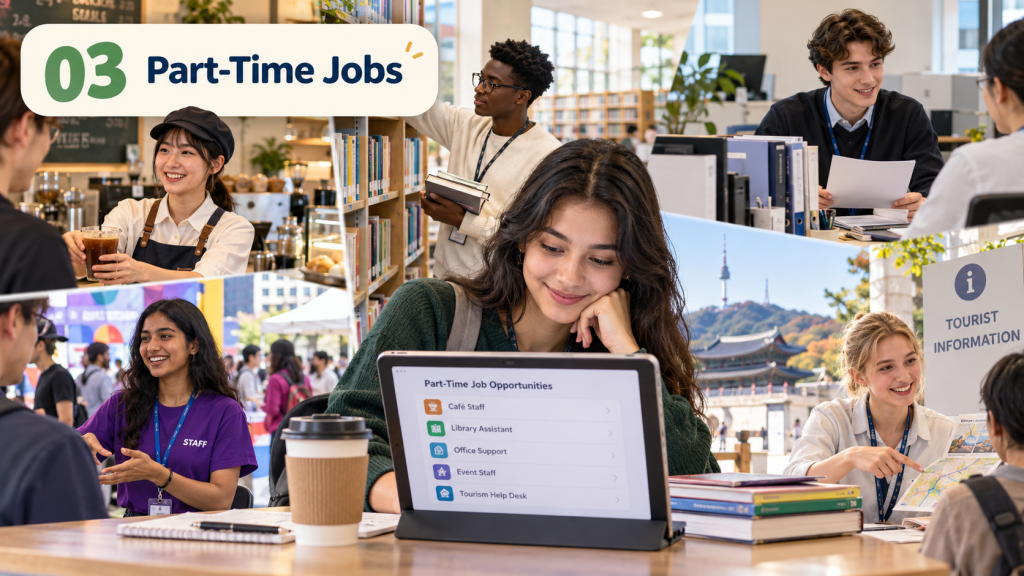 Graphic highlighting 'Part-Time Jobs' with various images showing diverse individuals engaged in different job settings, such as a café, library, and event space.