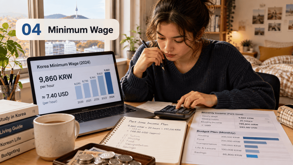 A person studying the minimum wage in Korea, with a laptop displaying graphs and data. They are calculating their monthly income and budget while surrounded by notebooks and a coffee cup.