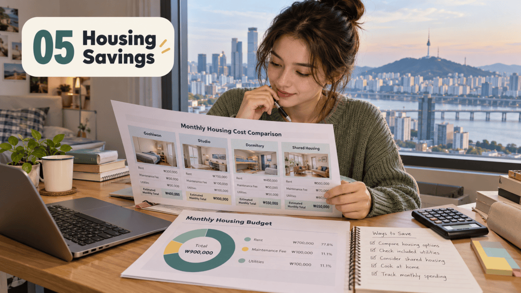 A woman reviewing housing cost comparison charts while sitting at a desk with a laptop, calculator, and notepad, overlooking a city skyline.