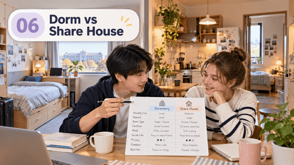 A young man and woman compare living options while sitting at a table in a cozy room. A chart titled 'Dorm vs Share House' displays key differences between the two options. The background shows a well-decorated living space with a view out the window.