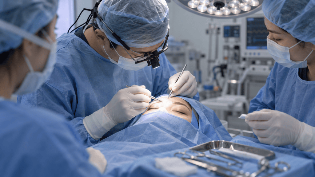 A surgical team in scrubs performs a procedure on a patient under bright surgical lights in an operating room.
