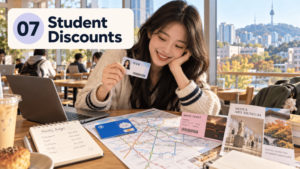 A student sitting at a table with a laptop, showing a student ID card and various items related to student discounts, including a movie ticket, a map, and brochures for the Seoul Art Museum, with city scenery visible in the background.