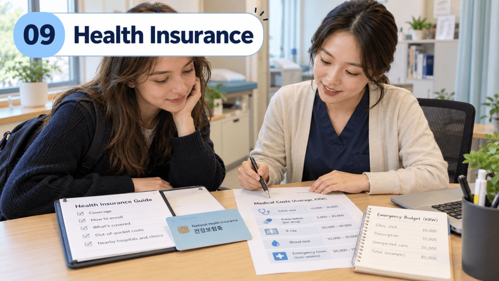 Two women discussing health insurance in an office setting, with health insurance guides and cost estimates on the table.