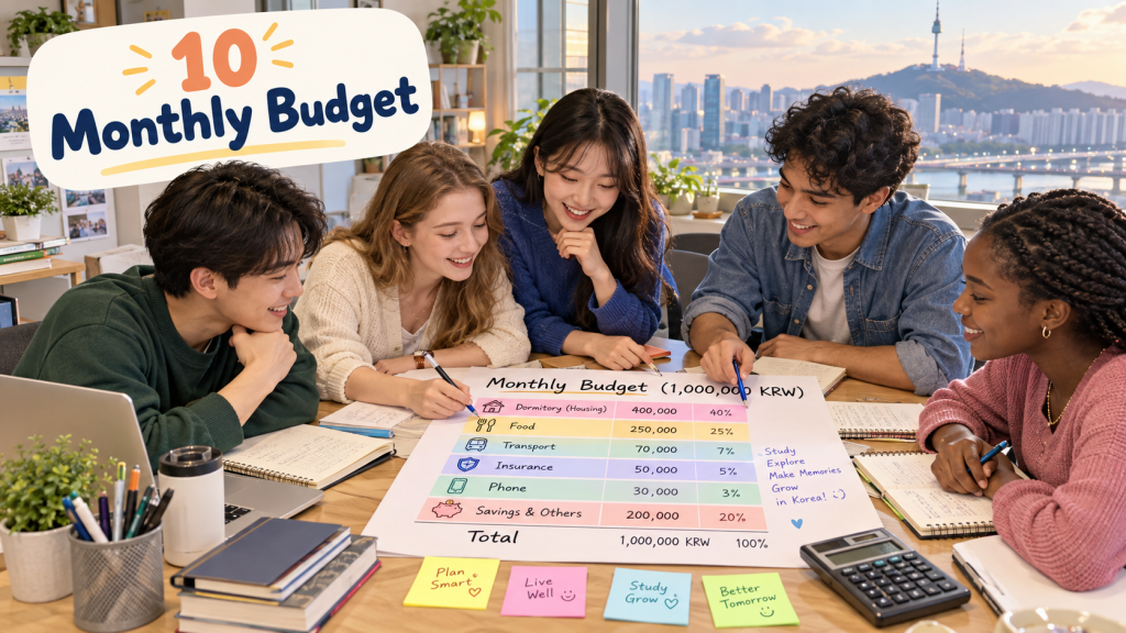 A group of five young adults collaboratively discussing their monthly budget at a table, with a colorful budget chart in front of them. The chart outlines various categories such as housing, food, transportation, and more, totaling 1,000,000 KRW. The background features a scenic view of a city skyline.