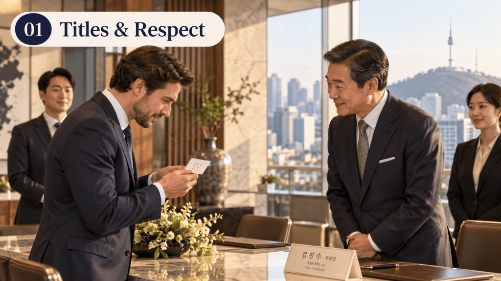 A business meeting scene featuring two men in suits; one man is looking at a card with interest while the other is smiling. A woman in professional attire observes in the background. The setting includes a modern office with cityscape visible through the windows.