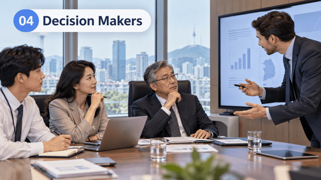 A group of four professionals in a meeting, engaged in discussion. A man in a suit is presenting data to three seated colleagues, with cityscape visible through the windows behind them. The scene emphasizes teamwork and decision-making.