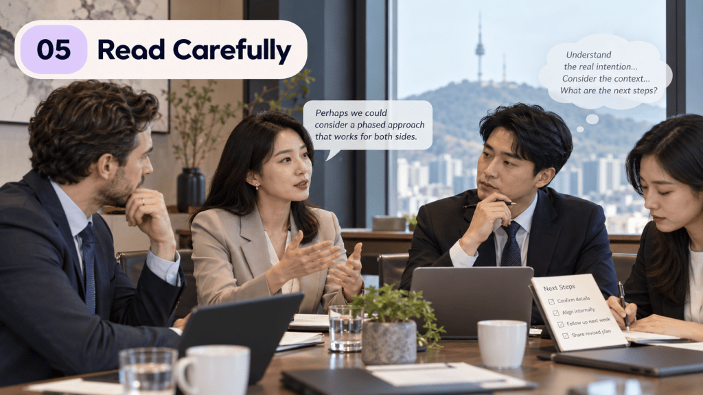 A business meeting scene featuring four professionals engaged in discussion. One woman is actively speaking, gesturing with her hands, while the others listen attentively. Speech bubbles display key discussion points. A presentation of 'Next Steps' is visible on the table.