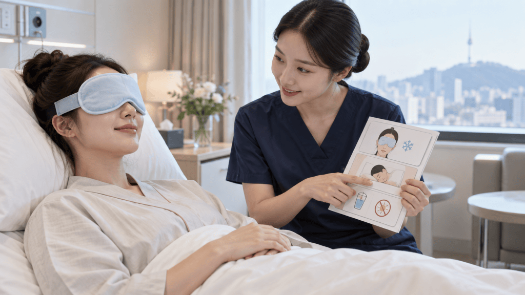 A healthcare professional in navy scrubs is explaining a care instruction booklet to a patient wearing a light blue eye mask while resting in a hospital bed.