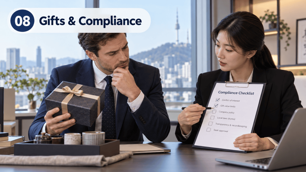 Professional meeting scene discussing gifts and compliance, featuring a man holding a gift box and a woman presenting a compliance checklist.