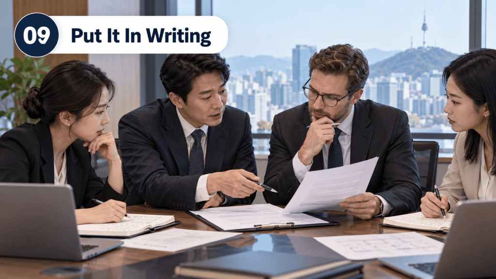 A group of four professionals engaged in a discussion around a table with documents and laptops, while a cityscape is visible through large windows.