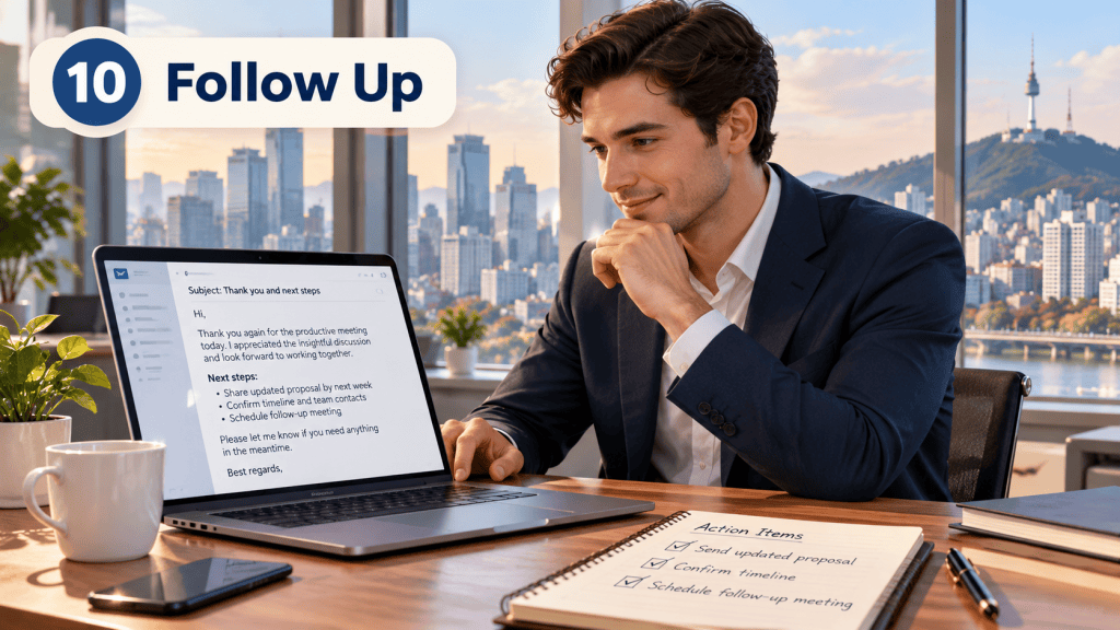 A young professional working on a laptop in a modern office setting, with a city skyline view in the background. A notebook with action items is visible on the table.