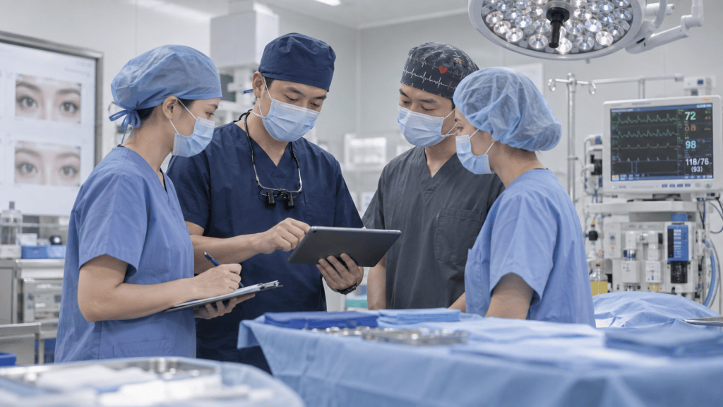 A group of four medical professionals, dressed in surgical attire, discussing information on a tablet in a sterile operating room environment.