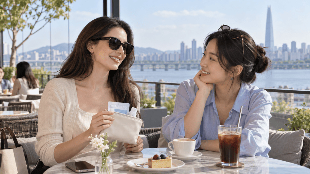 Two women enjoying coffee and dessert at a cafe with a city skyline view in the background.